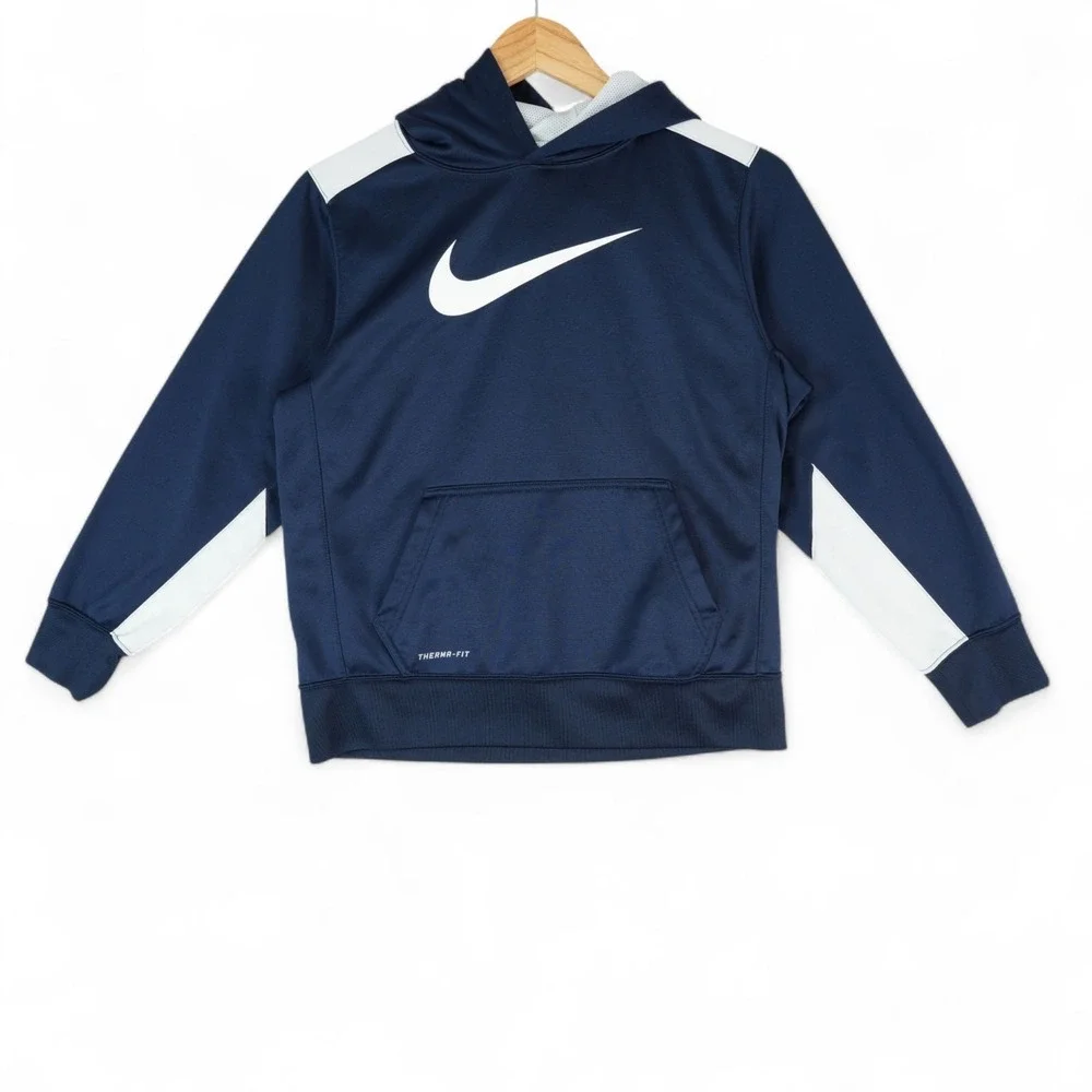 Nike Hoodie Youth Boys L Navy Blue White Center Swoosh Therma Fit‎ Sweatshirt
